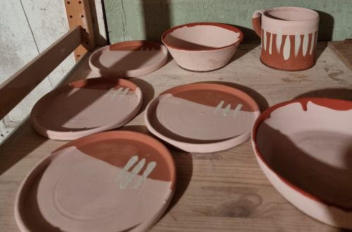 raw glazed pots ready to be fired